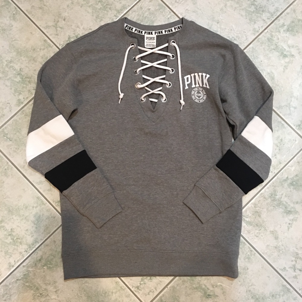 Victoria Secret Gray Lace Up Varsity Crew - XS NWT